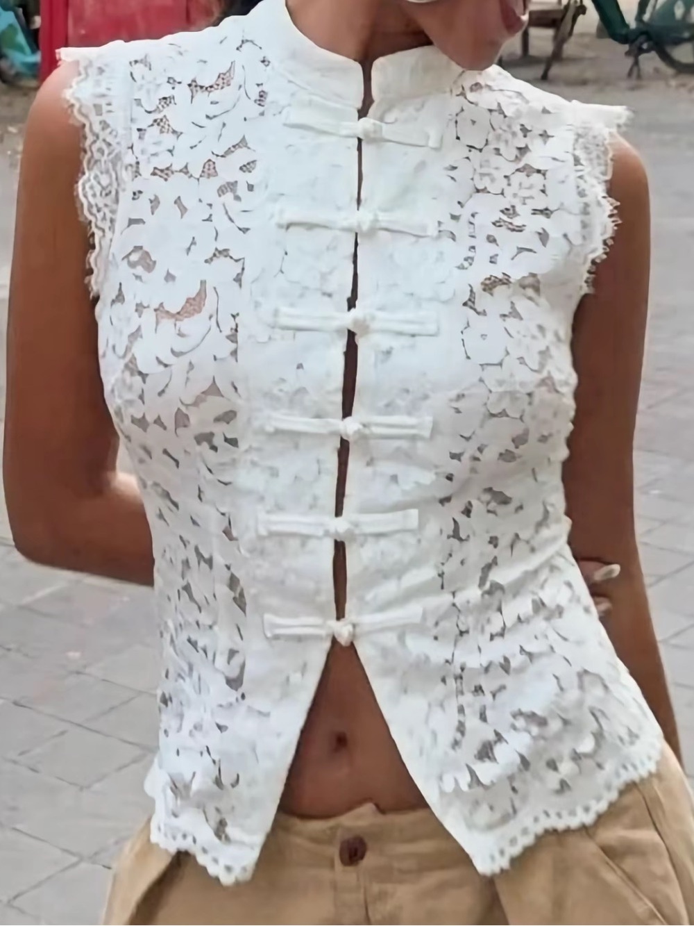 White Lace Mandarin-Collar Tank Top with Frog Buttons